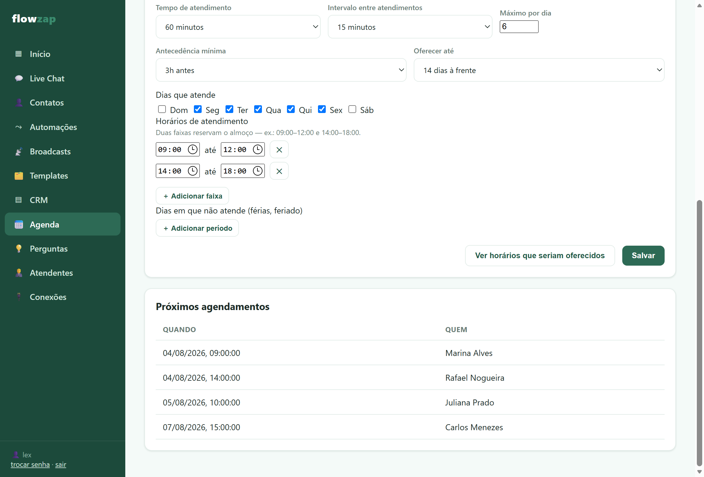 Tela de configuração da agenda do Webiia Flow, com tempo de atendimento, intervalo, máximo por dia, dias e faixas de horário