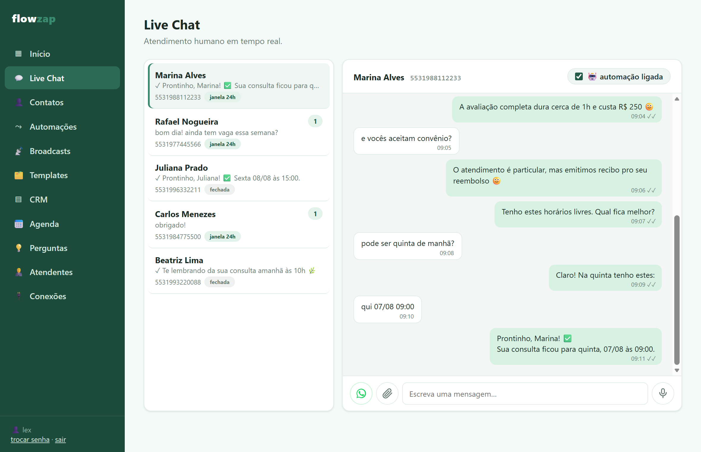 Painel do Webiia Flow na tela Live Chat, com a lista de conversas à esquerda e o atendimento da Marina aberto à direita